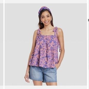 Women's Tie-Strap Tiered Tank Top - Universal Thread - Pink Floral Size Medium